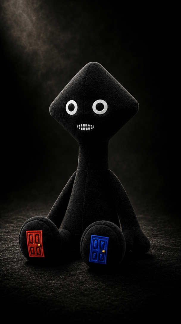 Mr. Tall Guy plushie — a black diamond-headed character with embroidered red and blue door feet
